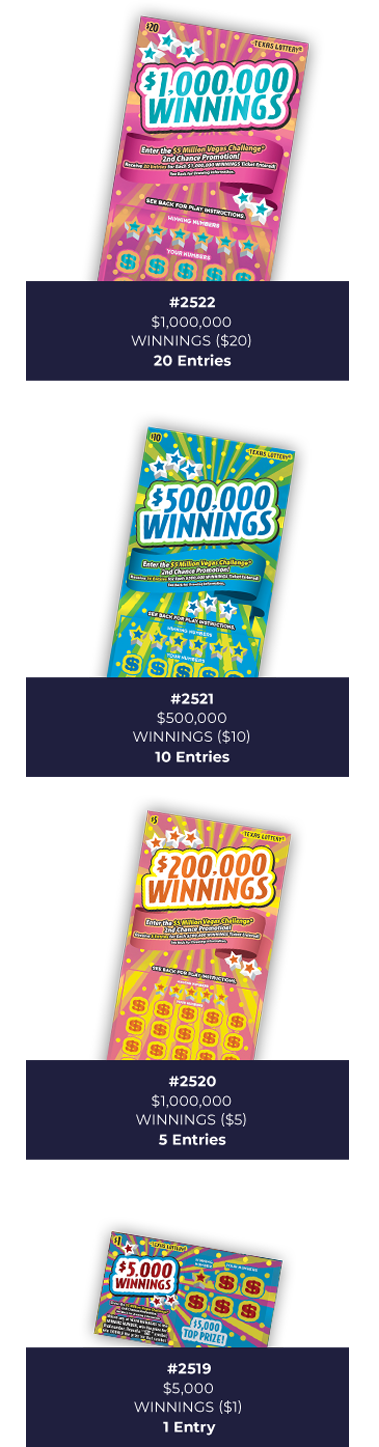 Ticket Diagram: #2354: $1,000,000 Jackpot 20 Entries Per Ticket, #2353: $500,000 Jackpot 10 Entries Per Ticket, #2352: $200,000 Jackpot 5 Entries Per Ticket, #2351: $5,000 Jackpot 1 Entry Per Ticket